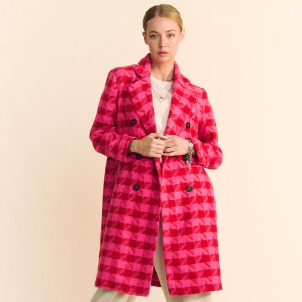 Textured Knit Pink Tweed Double Breasted Coat Jacket
